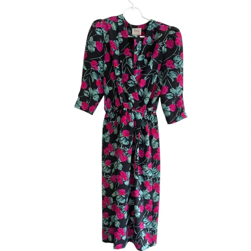 Luci Fellini Belted Midi Dress Black Floral Size 8 V Neck 3/4 Sleeve‎ Vintage